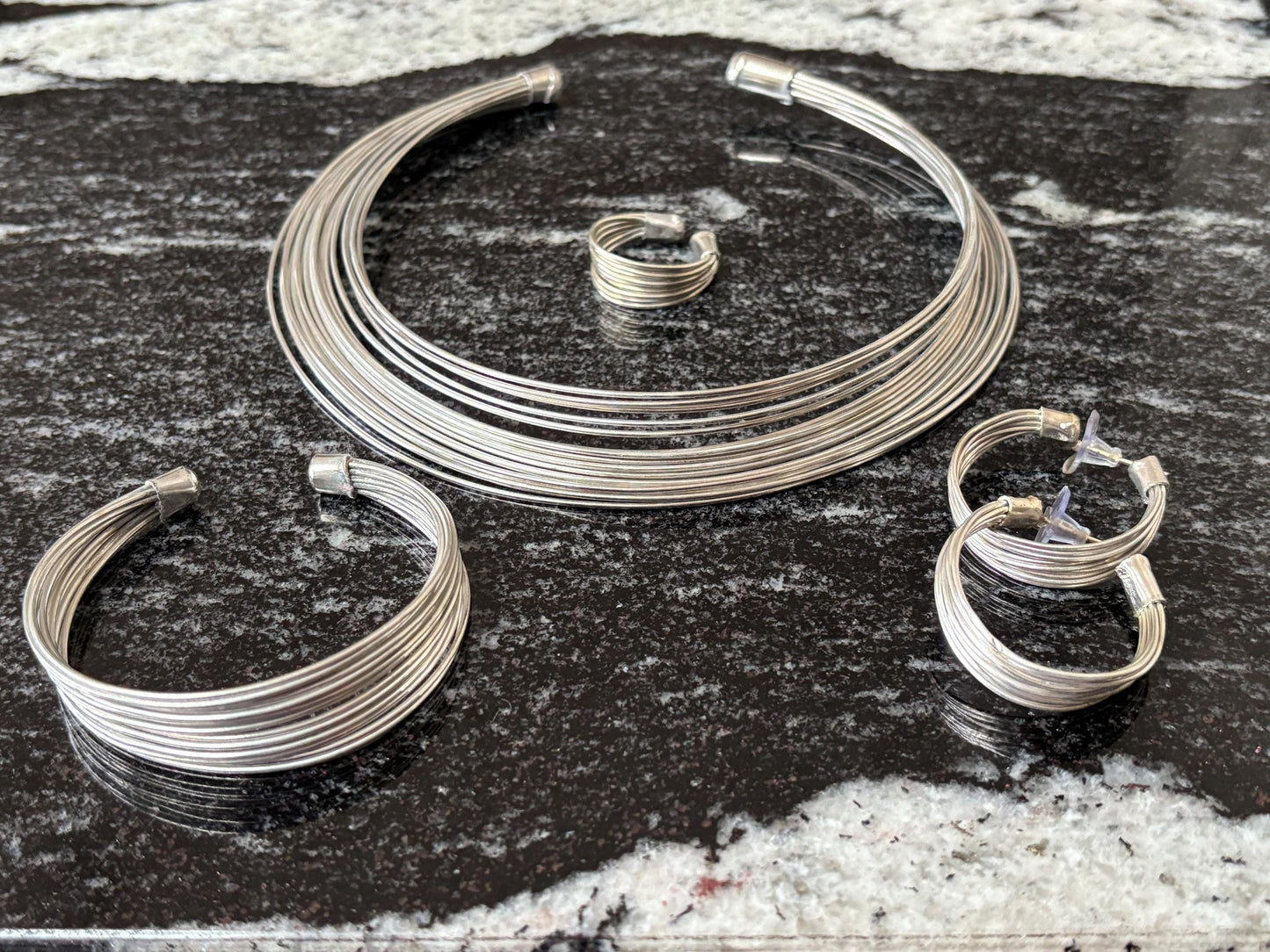 4 Piece Brass / Silver Set. Necklace, Bangle, Ring, Earrings.