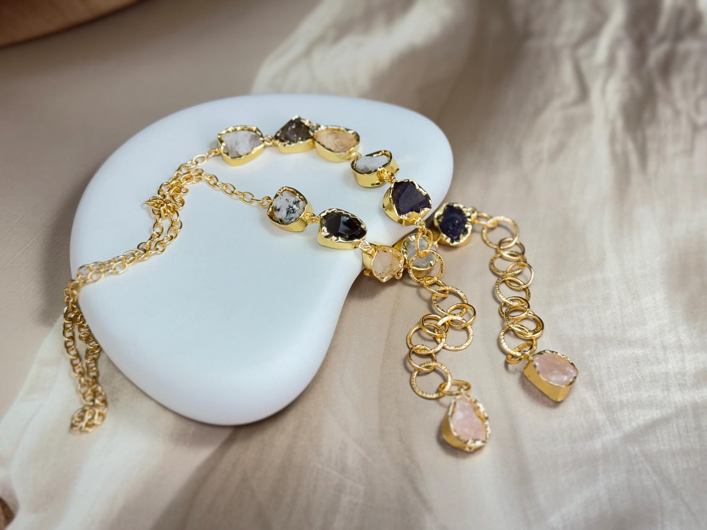 Handcrafted 18K Gold-Plated Statement Necklace with Raw Natural Stone – Amethyst, Moonstone & Quartz Cascade Design.