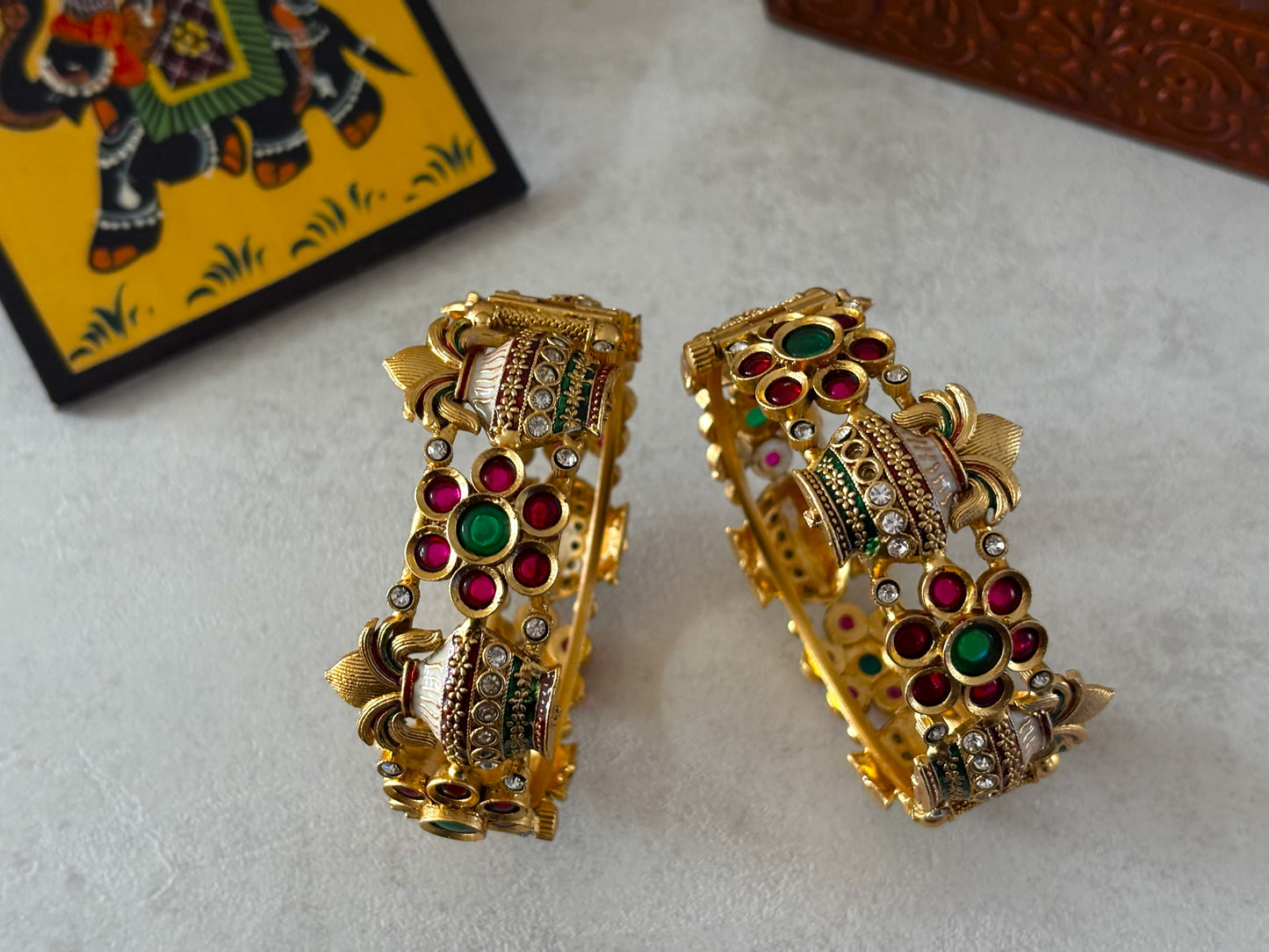 Matte Gold Polished Floral Motif Openable Kada – Handcrafted Brass Temple Bangles