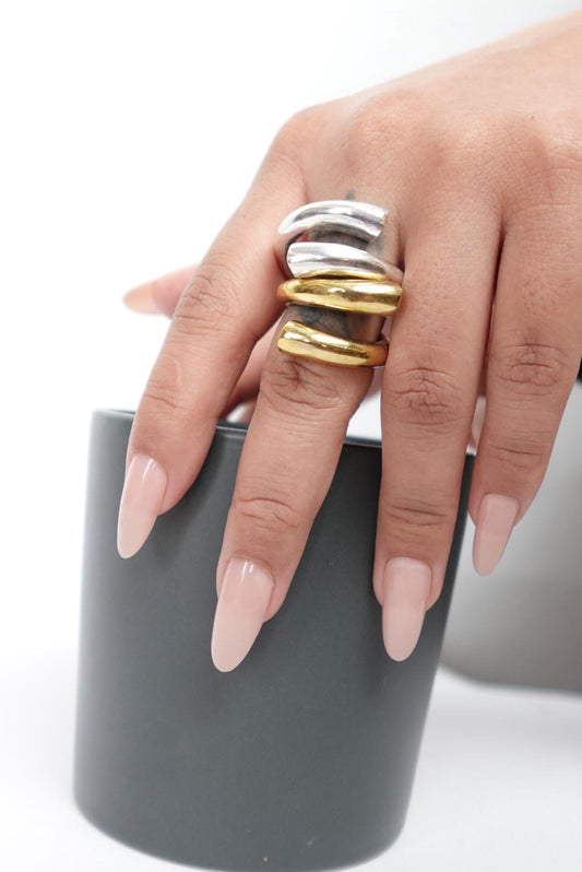 Boho Thick Band Statement Ring - Brass/Silver Adjustable Ring.
