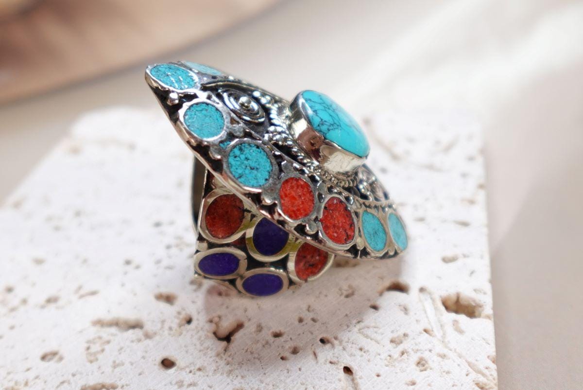 Bohemian Turquoise Statement Rings with Multicolor Inlays.