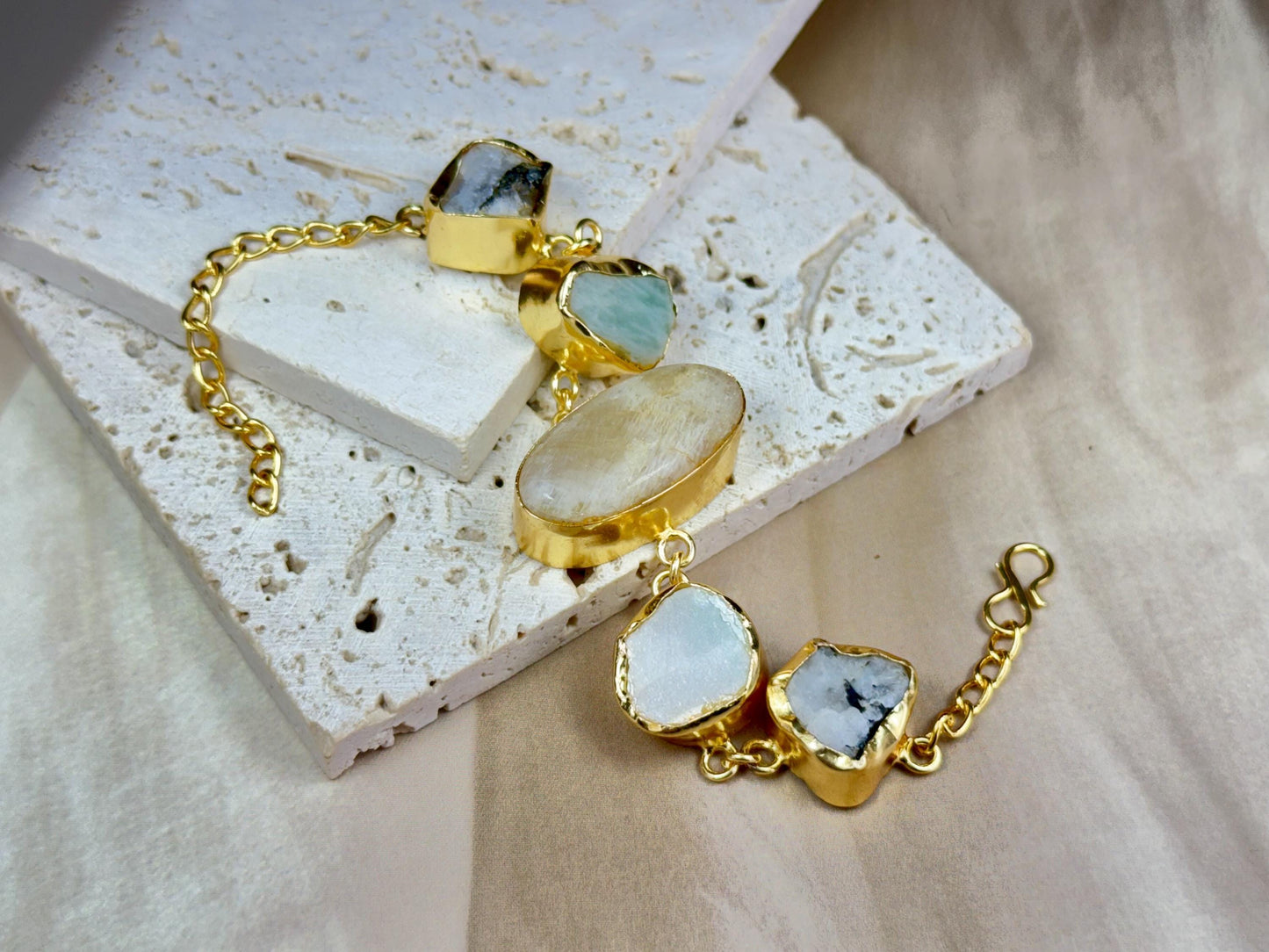 Elegant Raw Stone 18K Gold-Plated Brass Adjustable Bracelet.