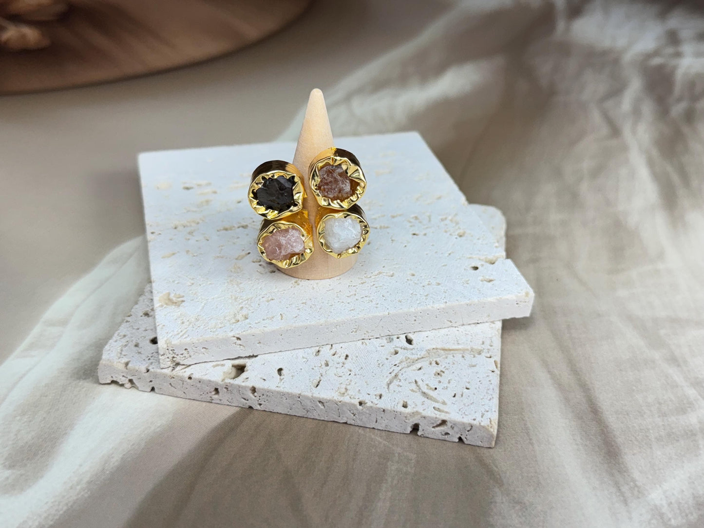 Bold Harmony Natural Stone Cluster Ring – Handcrafted 18K Gold-Plated Statement Ring