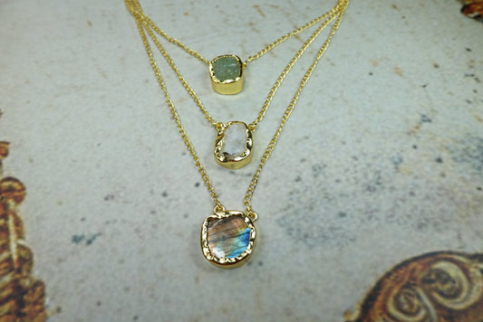 Handcrafted 18K Gold-Plated Raw Gemstone Layered Necklace – Multiple Stone Necklace..