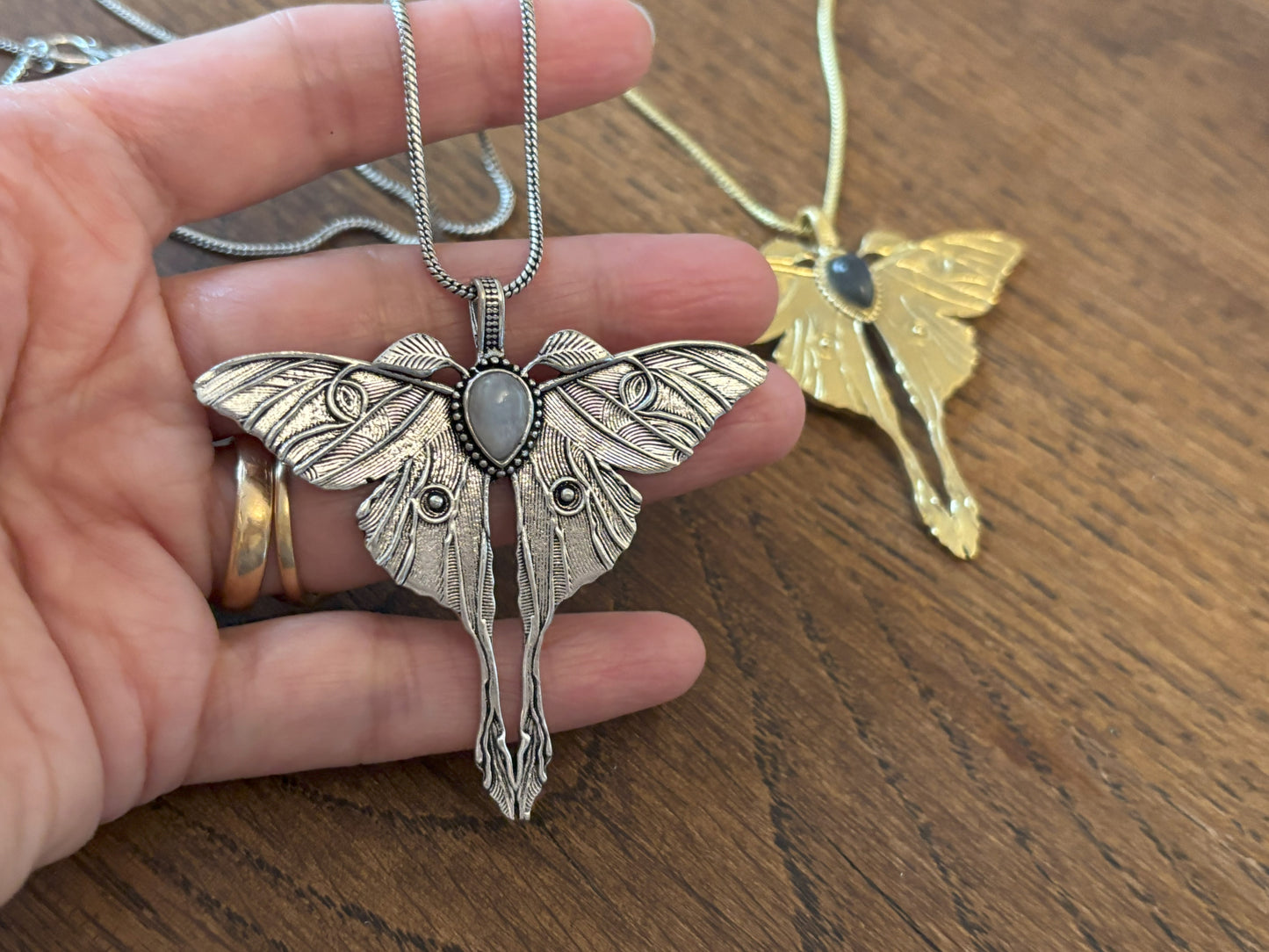 Gold and silver Luna moth nature-inspired boho statement pendant necklace