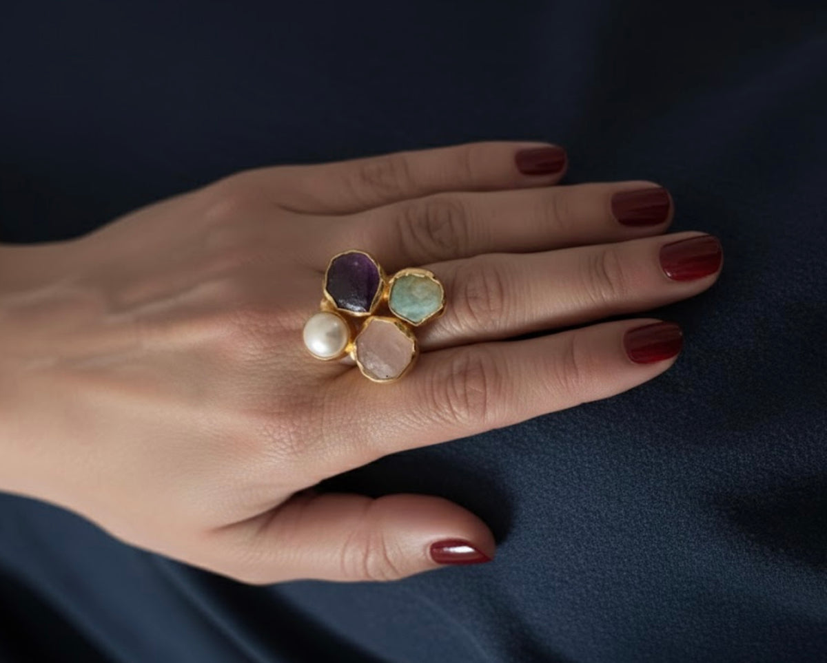 Handcrafted natural-stone cluster rings in 18K gold-plated brass