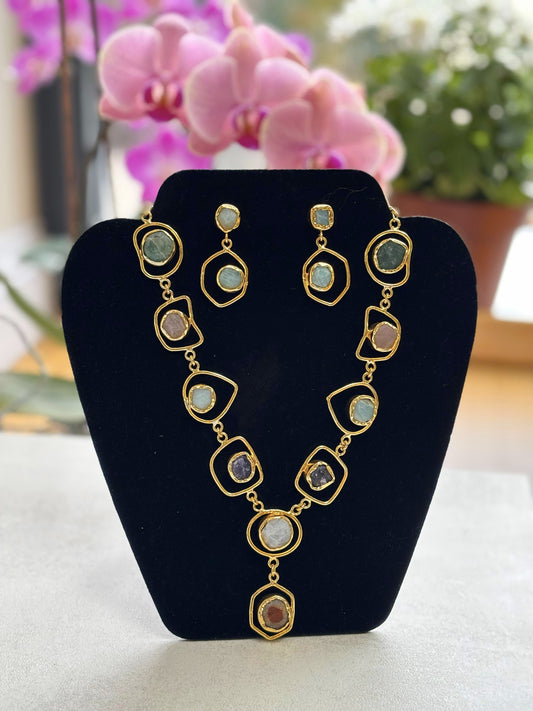Raw Multi-Gemstone Statement Necklace & Earrings Set.
