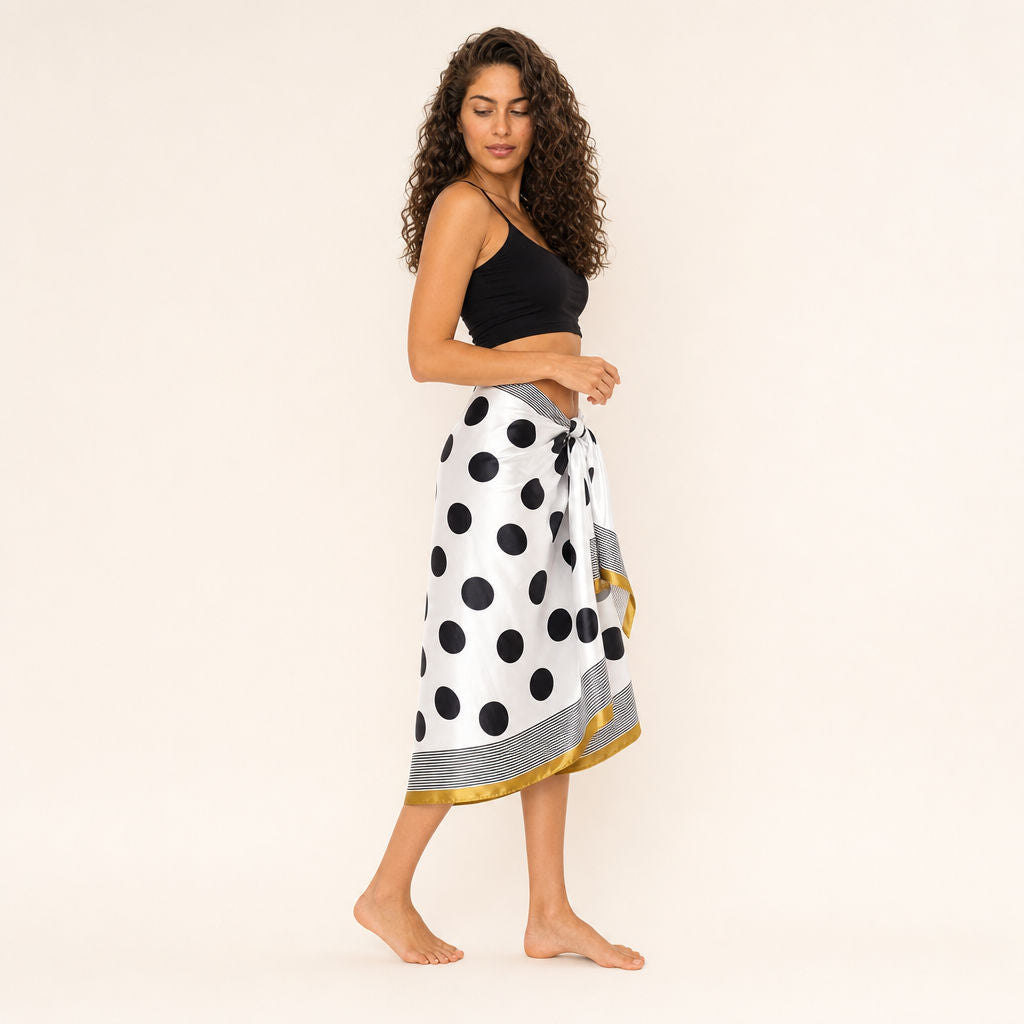 Side profile of Polka Dot Satin Sarong showing satin drape and wrap layers