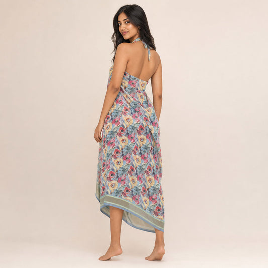Back view of Watercolour Floral Sarong Aegean Bloom showing halter dress drape
