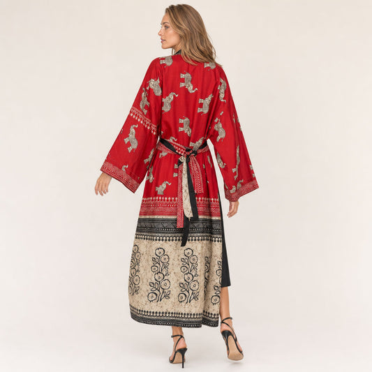 Back view of Elephant Print Cotton Silk Kimono Temple Parade showing contrasting batik floral panel