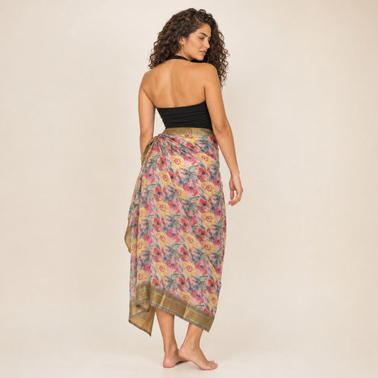 Back view of Watercolour Floral Sarong — Coral Drift showing wrap overlap and gold-zari hem border