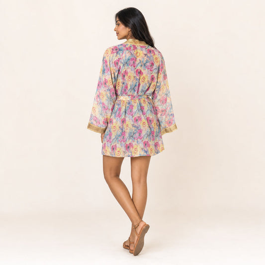 Back view of Watercolour Floral Georgette Kimono showing continuous print and gold collar border