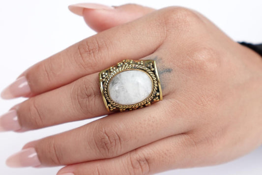 Vintage Brass Ring with White Moonstone – Ethereal Boho Statement.