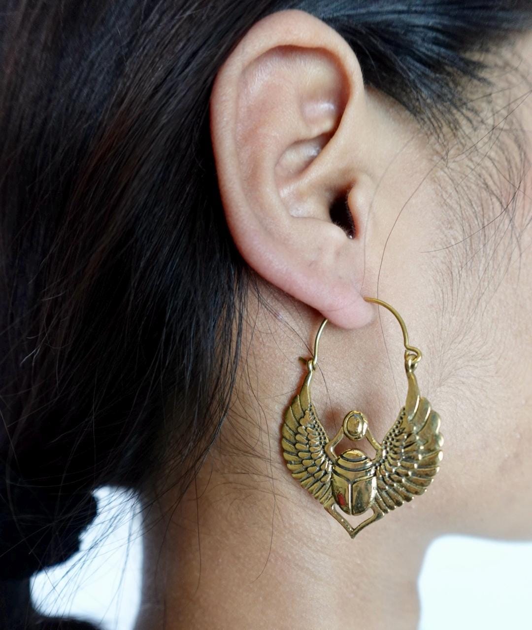 Scarab Wings Hoops - Egyptian-Inspired Double-Sided Brass Beetle Earrings.