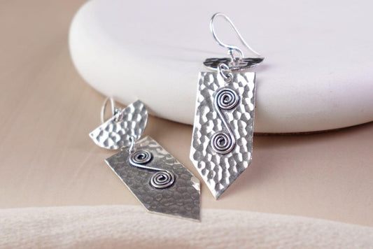 Gaia Hammered Shield Drops - Rustic Brass Earrings with Spiral Wire Detail.