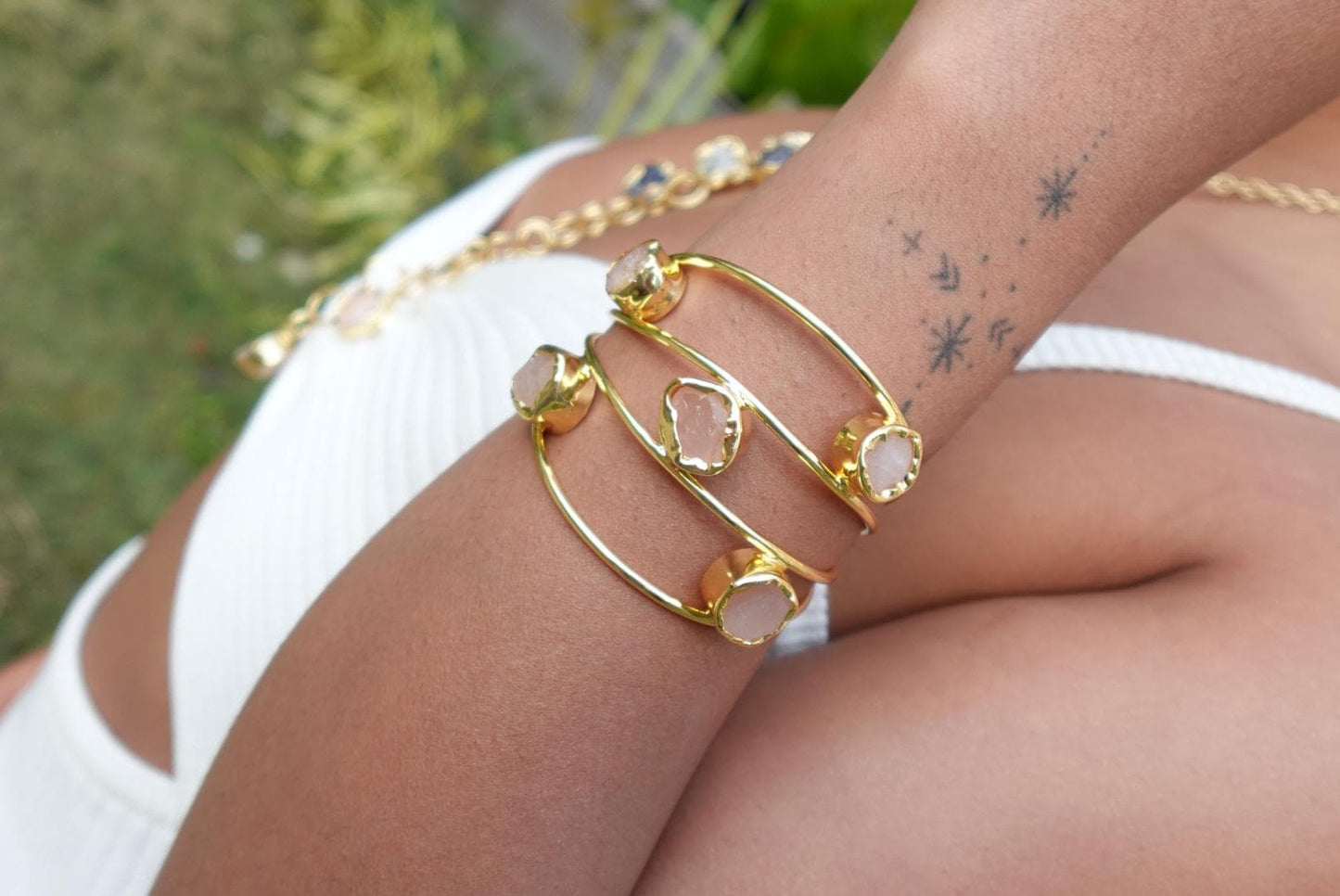 18K Gold-Plated natural stone adjustable Cuff Bracelet.