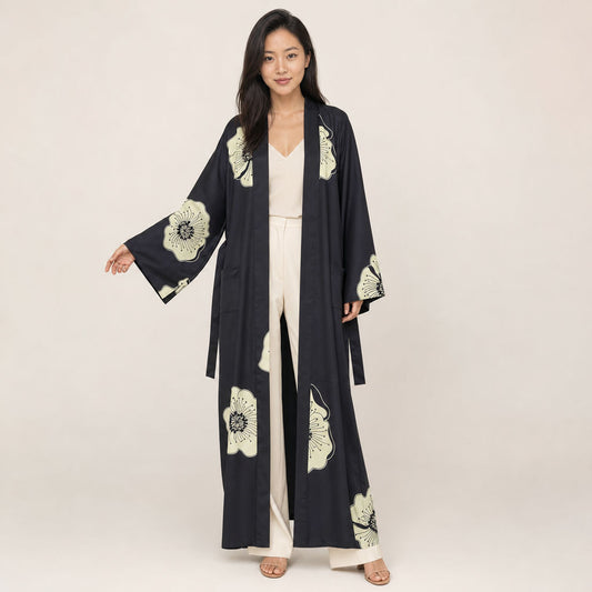 Floral Viscose Kimono Midnight Bloom - cream floral print on black viscose by Boho Mantra