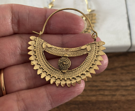 Handcrafted Bohemian Tribal Sunburst Brass Hoop Earrings – Gold & Silver Finish