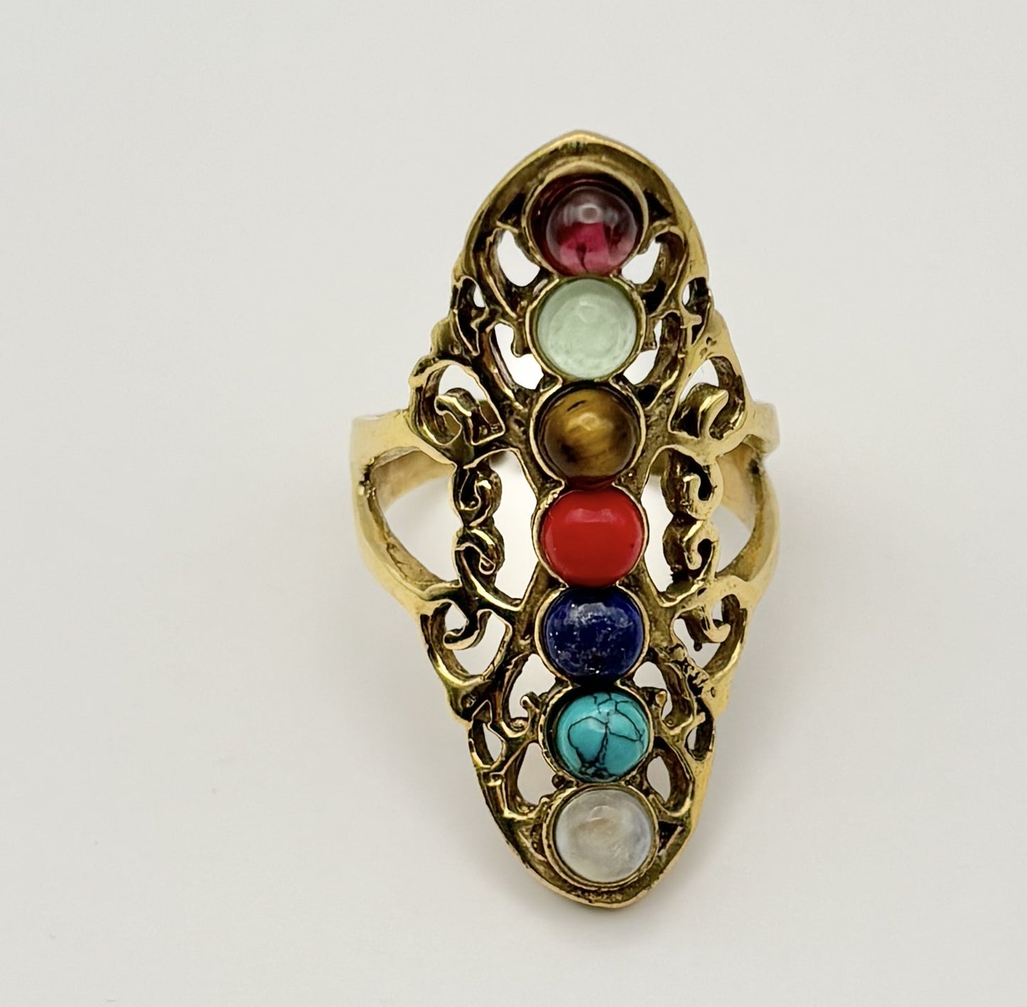 Bohemian chakra multi-stone adjustable vintage brass statement ring