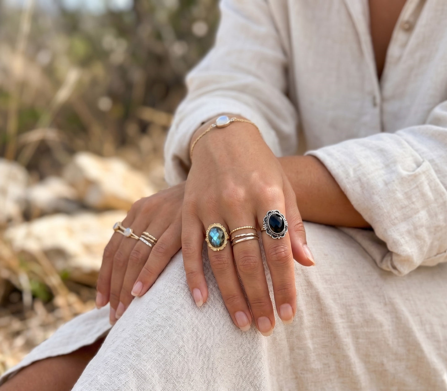 Vintage Oval Gemstone Adjustable Ring – Boho Statement Ring | Gold & Silver Finish