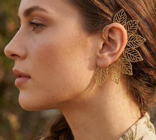 Boho Leaf Ear Cuff – Nature-Inspired Brass/Silver Statement Earrings