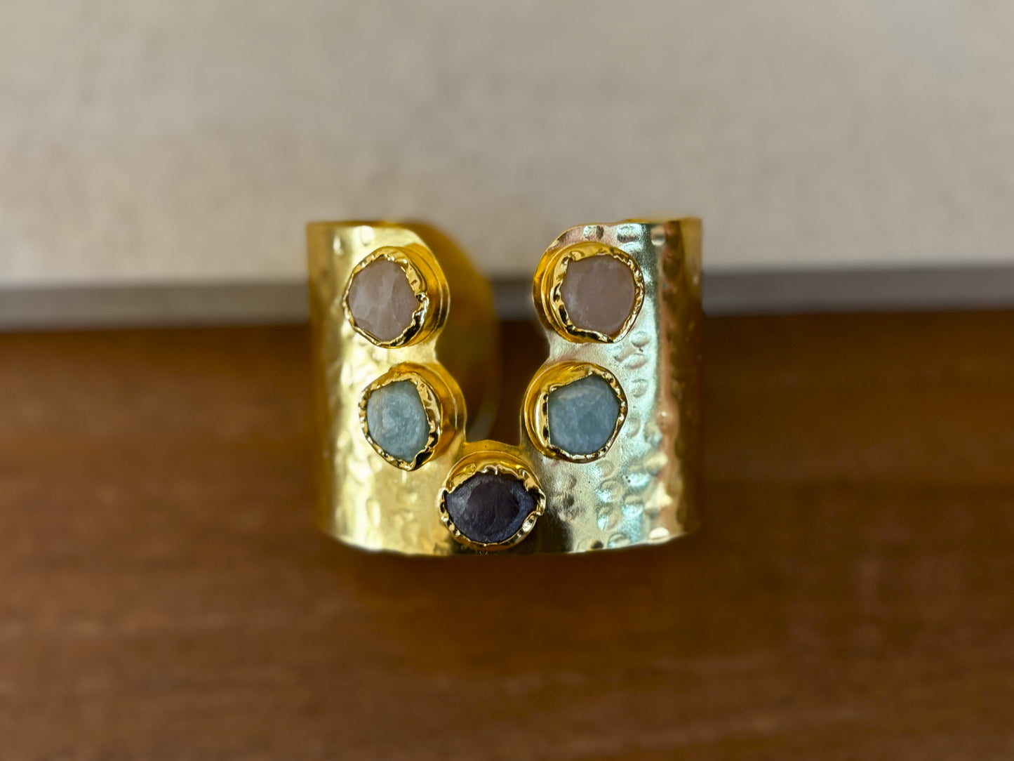 Handcrafted gold-plated adjustable gemstone cuff bracelet with natural stones