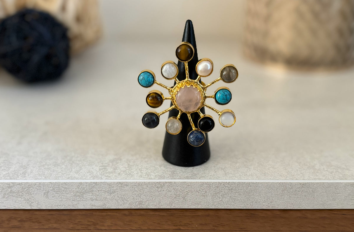 Multi-stone sunburst adjustable ring with natural gemstones