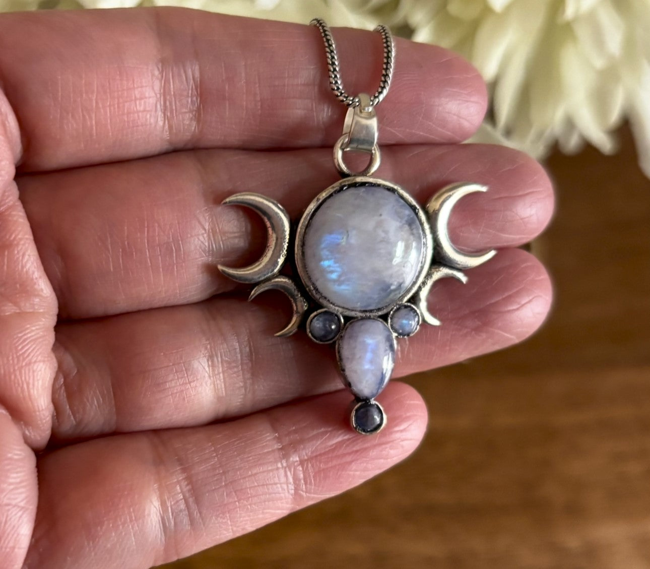 Gold/Sliver Triple Goddess Pendant with Labradorite/Moonstone – Brass Pendant.