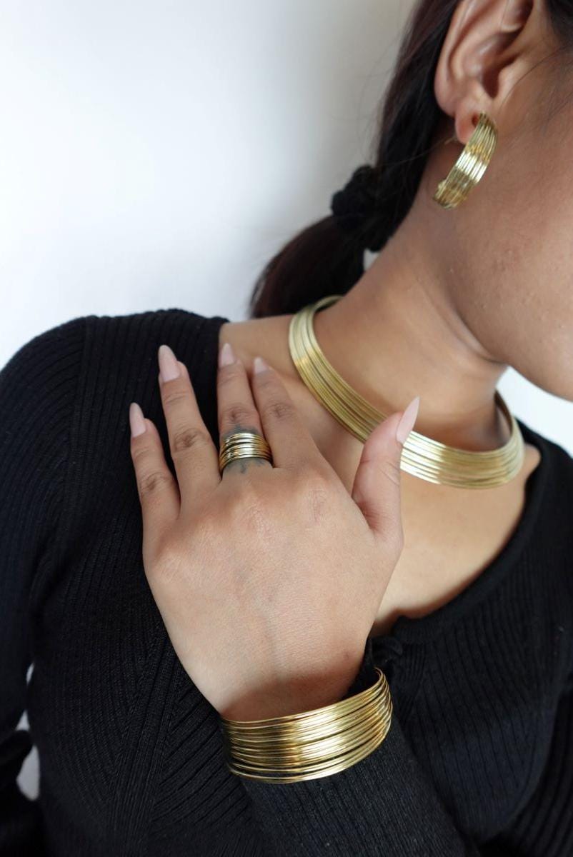 4 Piece Brass / Silver Set. Necklace, Bangle, Ring, Earrings.