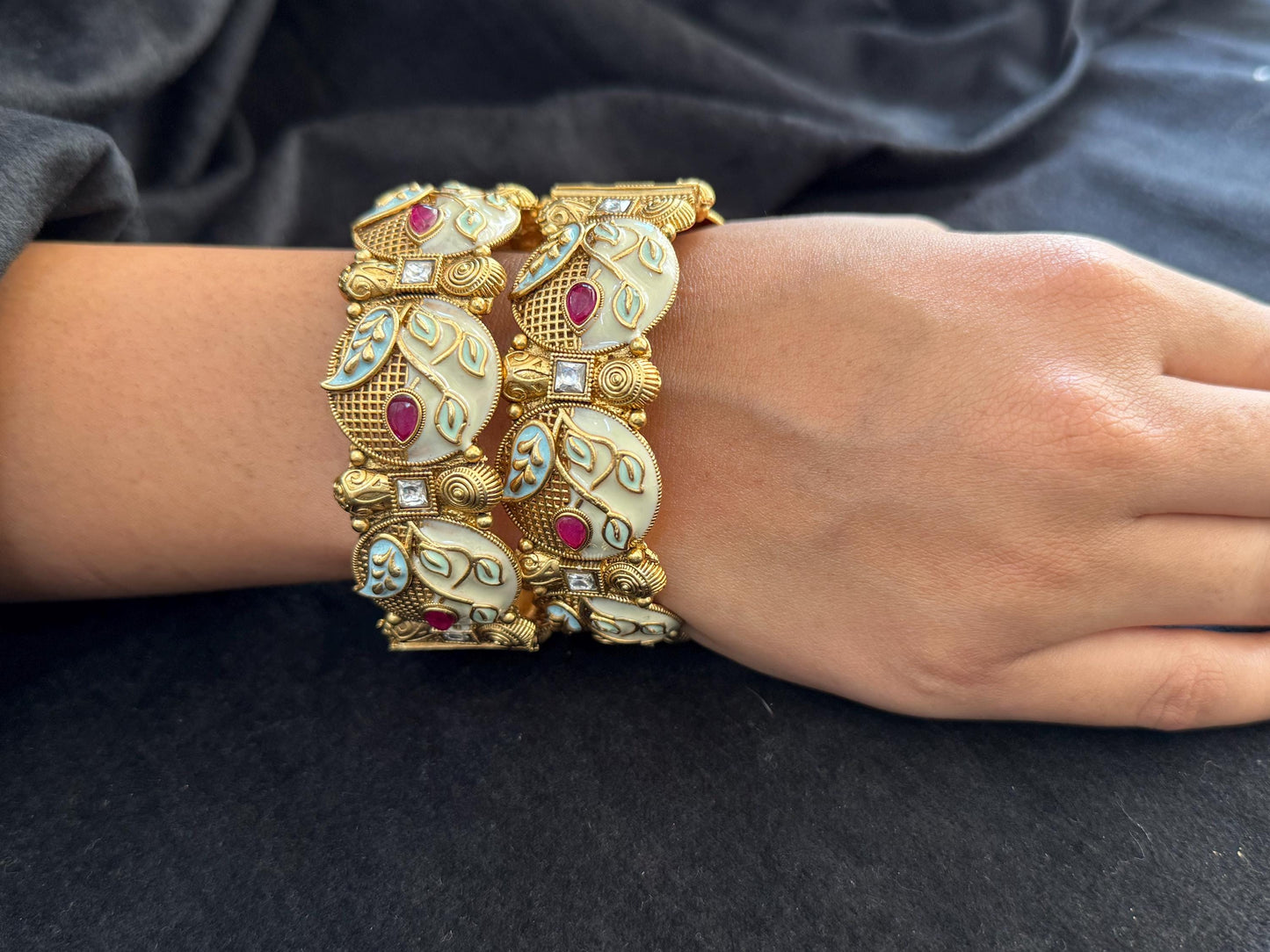 Ivory Enamel Leaf Kada - Hand-painted bridal kada..