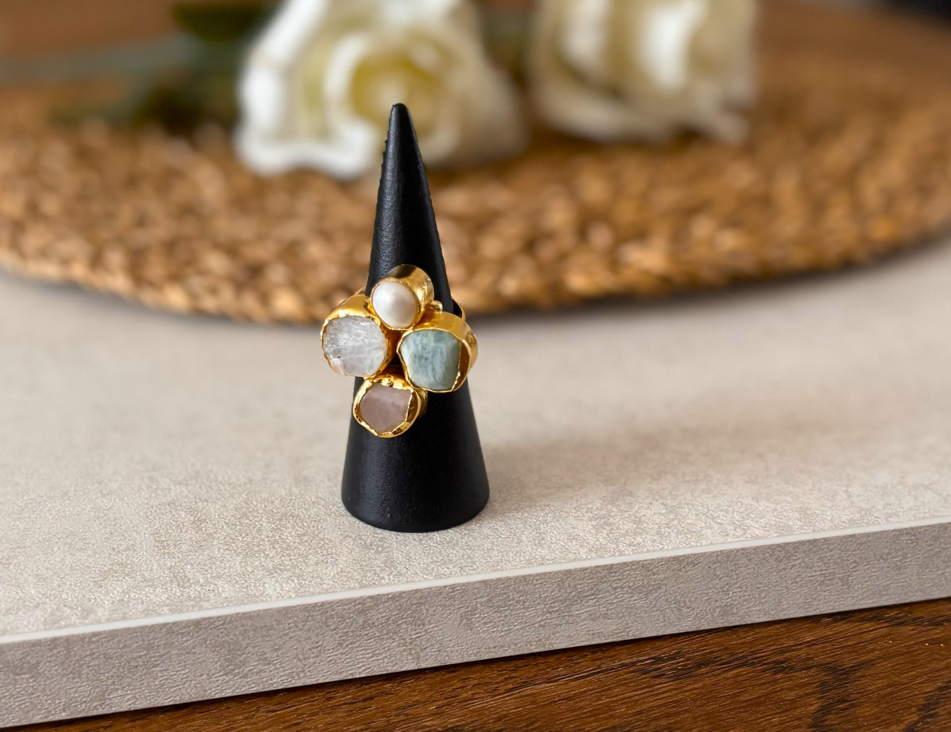 Bold Harmony Natural Stone Cluster Rings – Handcrafted  18k Gold-Plated Statement Ring.