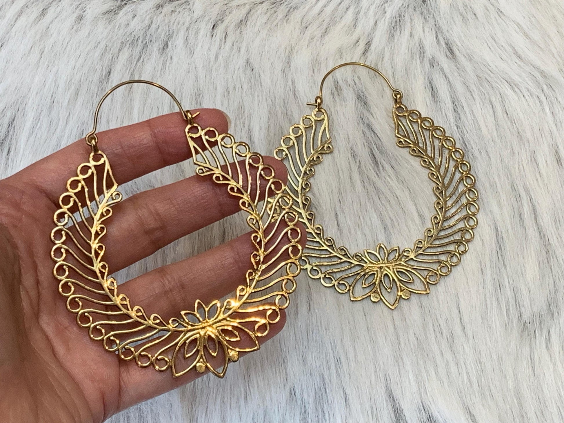 Golden/Sliver Lotus Filigree Hoops - Intricate Mandala-Inspired Brass Statement Earrings..