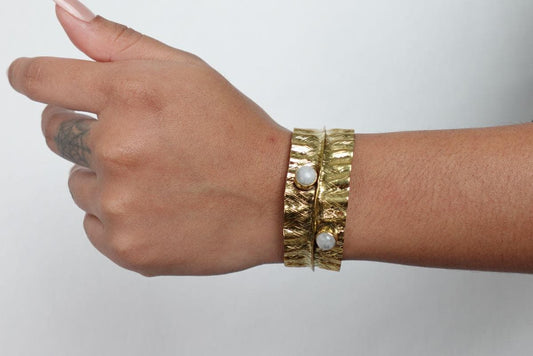 Textured Gold Cuff Bracelet with Gemstone Accents – Handcrafted Adjustable Wrap Design.