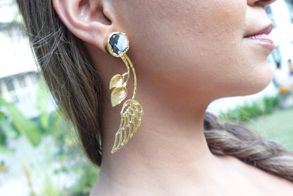 Natural Stone Earrings, Gold-plated earrings, Gold Leaf and Wing Statement Earrings.