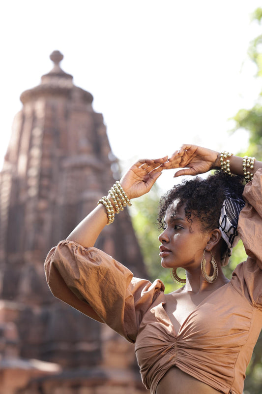 Beaded Orb Adjustable Brass/Sliver Cuff - Textured golden cuff with polished brass beads, crafted for a modern ethnic feel.