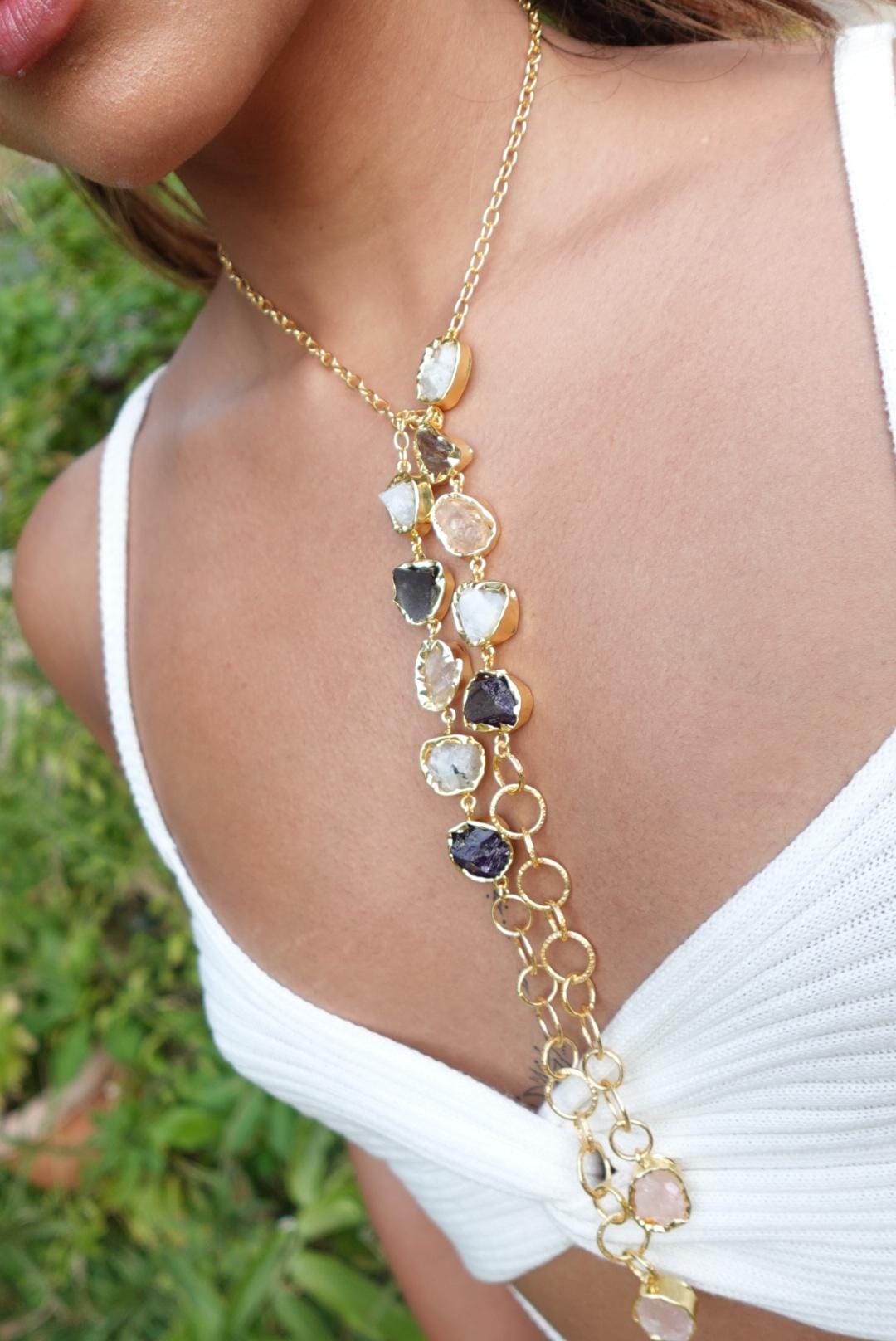 Handcrafted 18K Gold-Plated Statement Necklace with Raw Natural Stone – Amethyst, Moonstone & Quartz Cascade Design.