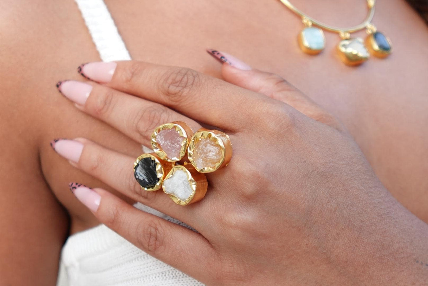 Bold Harmony Natural Stone Cluster Ring – Handcrafted 18K Gold-Plated Statement Ring