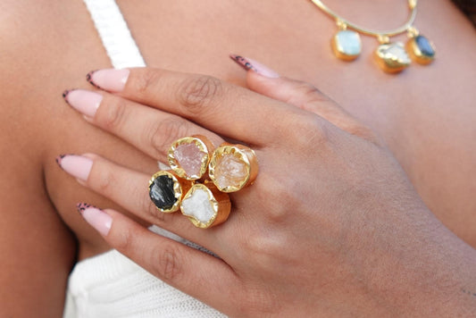 Bold Harmony Natural Stone Cluster Ring – Handcrafted 18K Gold-Plated Brass Statement Ring