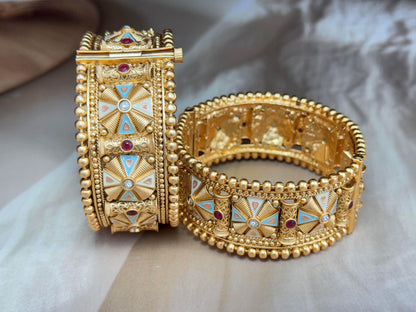 Royal Motif Bridal Kada with Enamel & Ruby Inlay - Vintage-style bangle.