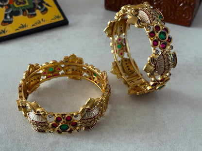 Matte Gold Polished Floral Motif Openable Kada – Handcrafted Brass Temple Bangles