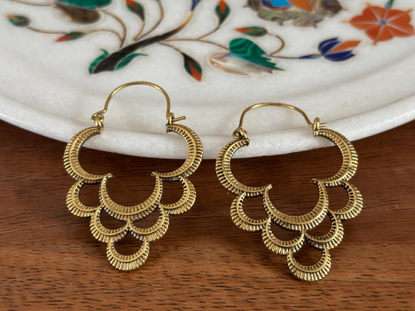 Antique Gold Crescent Layered  Hoops - Boho Earrings.