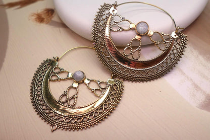 Filigree Crescent Moon Earrings with Gemstone.