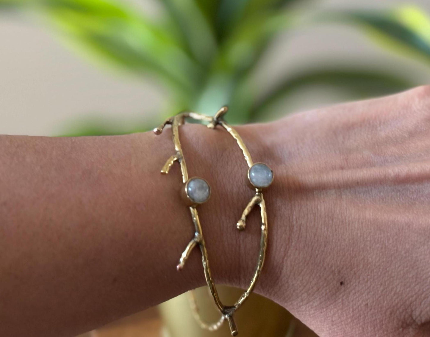 Turquoise/Moonstone Twig Open Brass Bangle - Nature-inspired twig bangle with turquoise stones—bold and earthy.