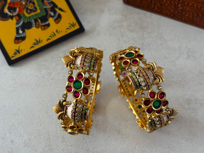 Matte Gold Polished Floral Motif Openable Kada – Handcrafted Brass Temple Bangles