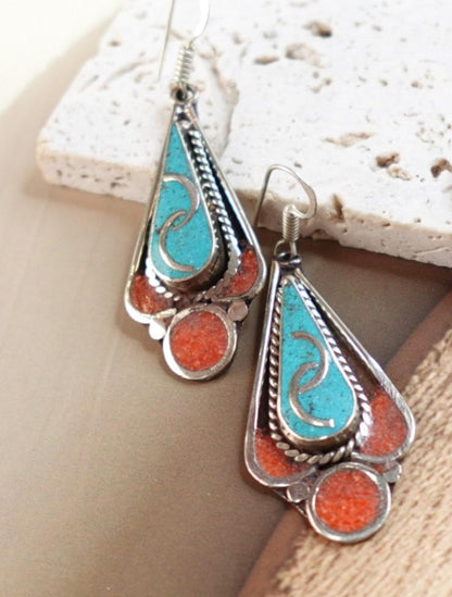 Vintage Tibetan silver earrings in boho style.