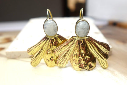 Textured Gold Bloom Earrings with Moonstone/Labradorite Tops – Brass Boho Statement.