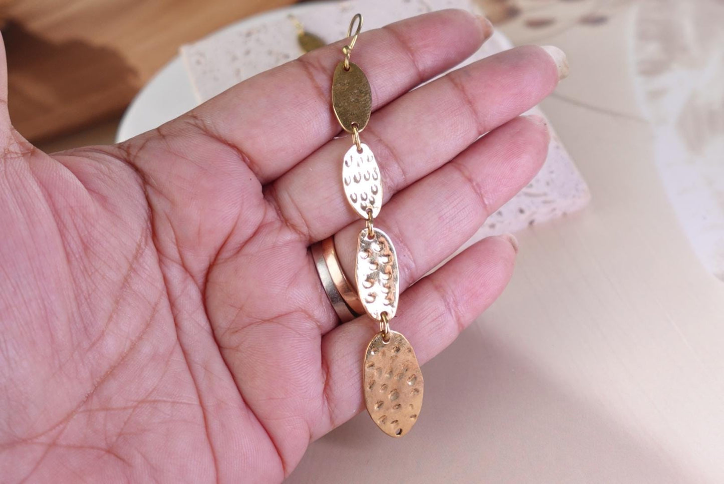 Solar Beam Oval Drops - Hammered Brass Earrings with Layered Oval Discs.