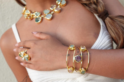 18K Gold-Plated natural stone adjustable Cuff Bracelet.