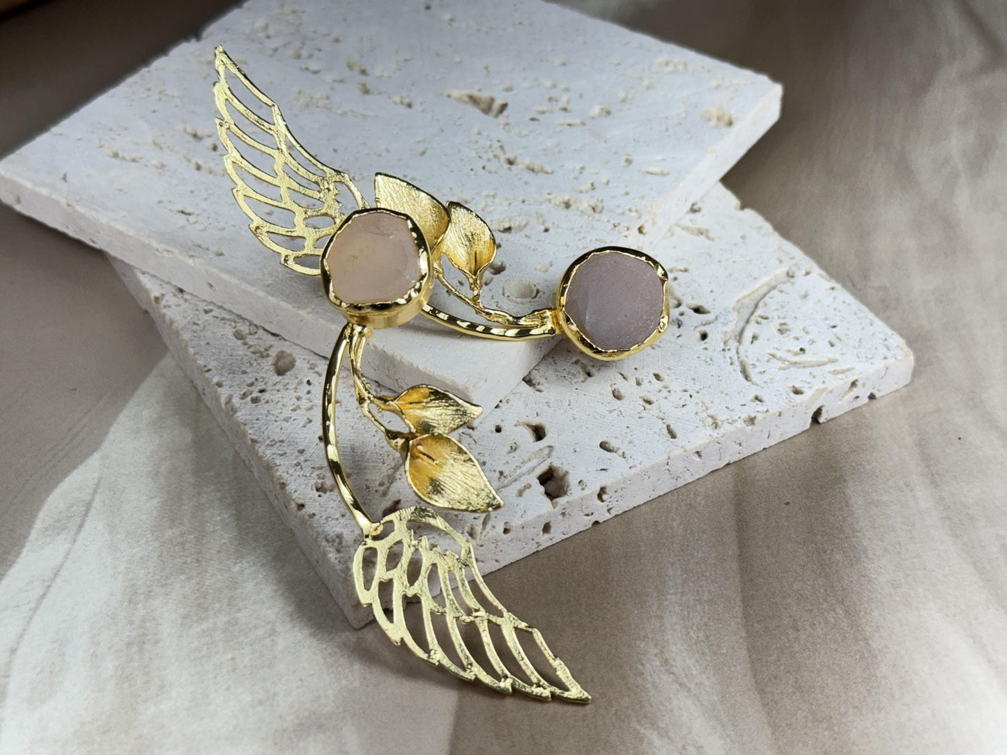 Natural Stone Earrings, Gold-plated earrings, Gold Leaf and Wing Statement Earrings.
