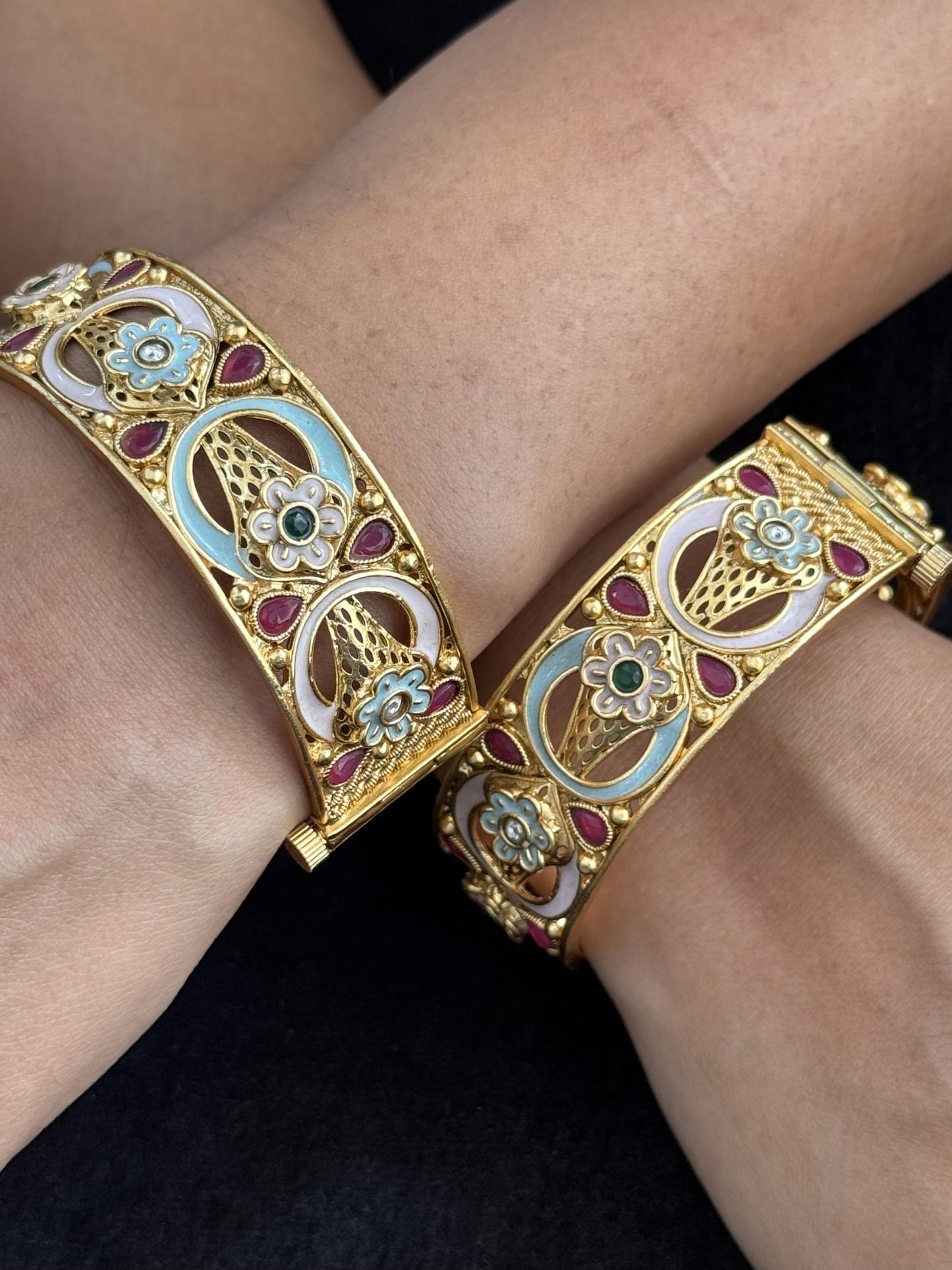 Pastel Floral Arch Kada - Unique pastel-toned openable kada with floral enamel work and teardrop rubies in oval layout..